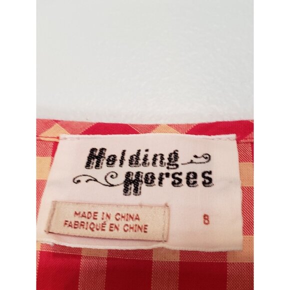 Holding Horses Women Sz 8 Flannel Shirt Red Plaid Button Roll Tab Sleeve Ruffles - Picture 7 of 8